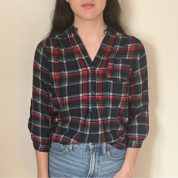 Market & Spruce Dark Blue Plaid Henley Blouse Top Size Small - Picture 1 of 6